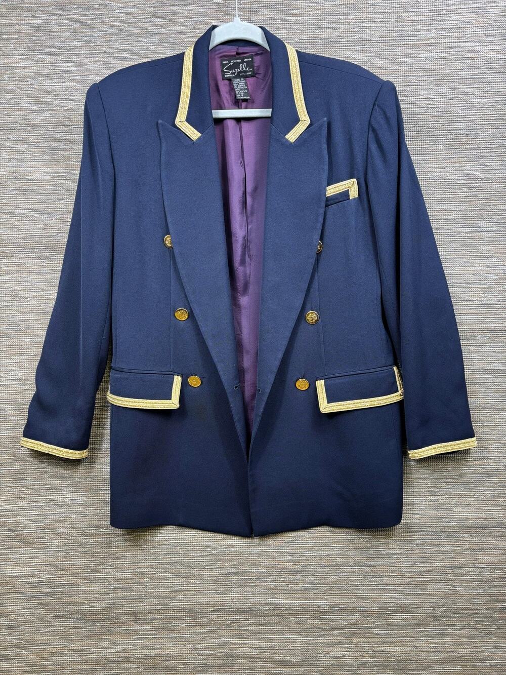 Vintage Suzelle Blazer Womens 6 Blue Gold Trim Double Breasted Lined Jacket